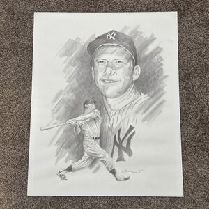 New York Yankees Mickey Mantle Pencil Sketch Artwork MLB Artist Signed 20" x 16"